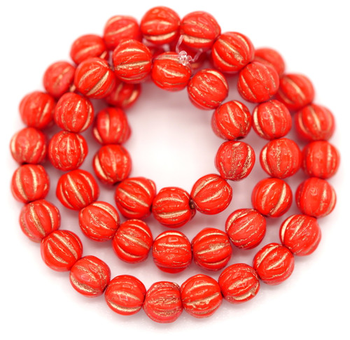 48pc Strand 4mm Czech Pressed Glass Fluted Melon Bead, Opaque Scarlet/Gold Wash