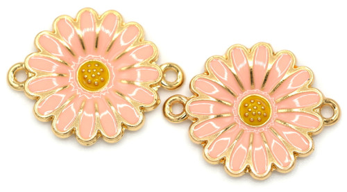 2pc 24x18.5mm Enameled Daisy Links, Golden/Pink/Yellow