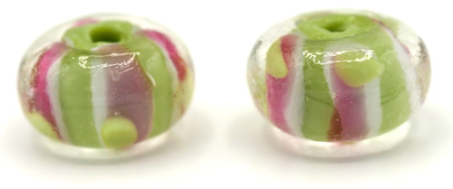 2pc Approx. 12x7.5mm Handmade Lampwork Glass Rondelle Beads, Green/Pink Stripe