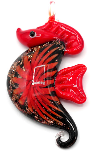 Approx. 54x30mm Handmade Lampwork Art Glass Seahorse Pendant, Red/Black/Copper Sparkles