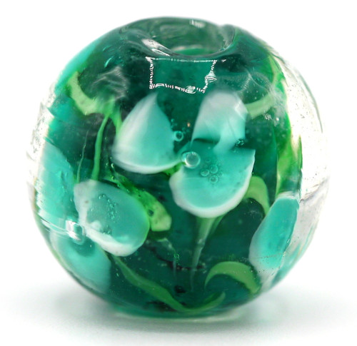 Approx. 16mm Lampwork Art Glass Barrel Bead, Teal/Blue Flowers/Green Vines