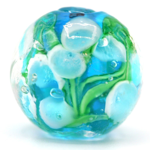 Approx. 16mm Lampwork Art Glass Barrel Bead, Aqua/Blue Petals/Green Vines