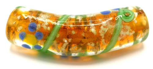 Approx. 36x10mm Lampwork Glass Elbow Cylinder Bead, Topaz/Floral/Glow-In-the-Dark Flecks