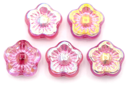 5pc 10mm Czech Pressed Glass 5-Petal Flower Beads, Crystal Clear/AB/Pink Wash