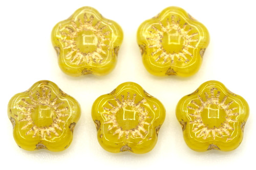 5pc 10mm Czech Pressed Glass 5-Petal Flower Beads, Crystal-Yellow-Green Swirl/Gold Wash