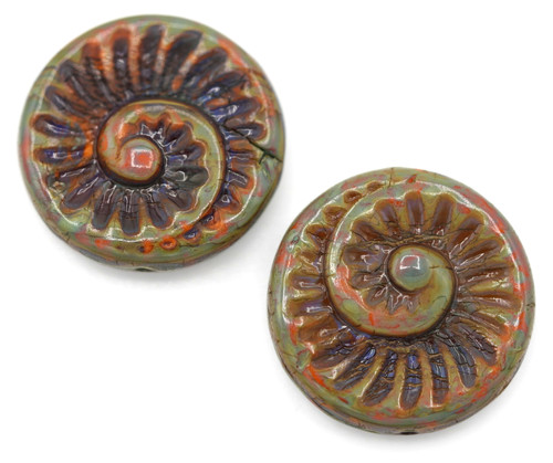 2pc 18mm Czech Pressed Glass Ammonite Fossil Shell Beads, Opaque Orange/Vintage Luster