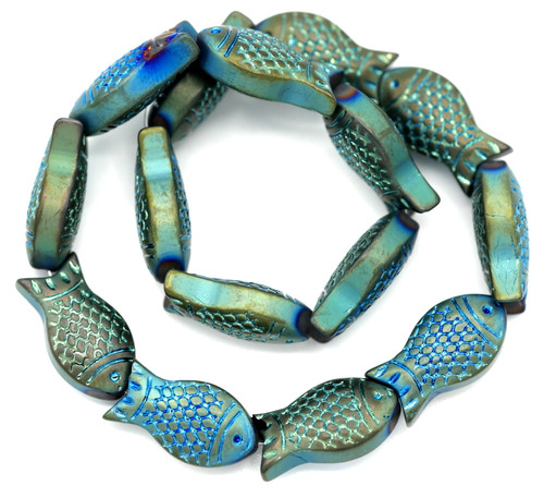 Approx. 8" Strand 15x8mm Hematite (Man-Made) Fish Beads, Frosted Metallic Green iris