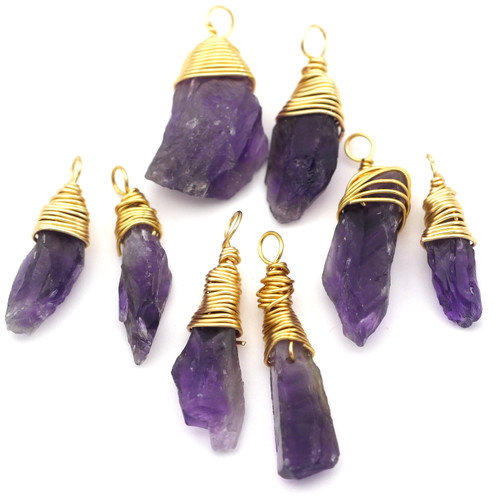 2pc Approx. 25-31mm Amethyst Rough Nugget Drops, Wrapped in 18k Gold-Plated Copper Wire (Multiple Sets Shown for Variation)