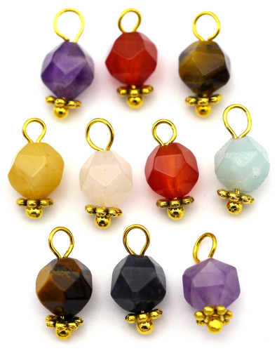 10pc 12x6mm Mixed Gemstone Faceted English-Cut Round Drops w/Gold Findings