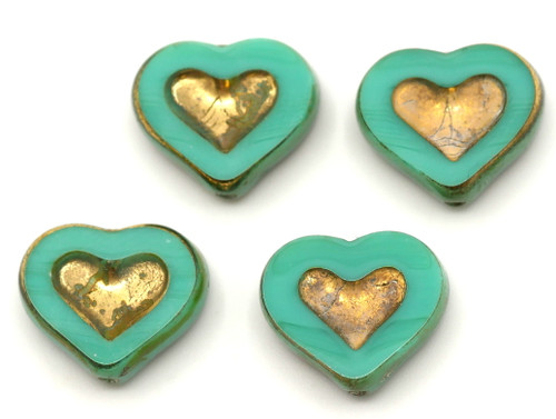4pc 14x12mm Czech Table-Cut Heart Beads, Opaque Striated Turquoise/Picasso/Antique Gold Wash
