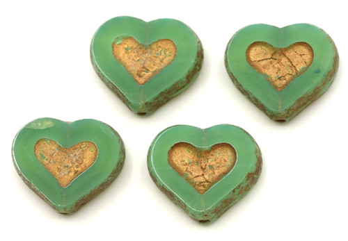 4pc 14x12mm Czech Table-Cut Heart Beads, Green Opal/Vintage Gold Wash