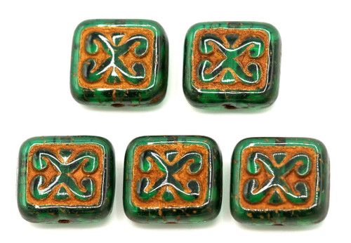 5pc 11x12mm Ornamental Rectangle Czech Pressed Glass Beads, Emerald Green/Vintage Bronze Wash