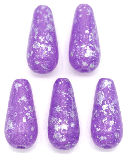 5pc 20x9mm Czech Pressed Glass Teardrop Beads, Crystal/Violet Opal Coat/Silver Shimmer