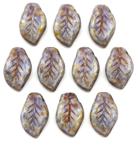 10pc 9x14mm Czech Pressed Glass Top-Drilled Leaf Beads, Alabaster/Pepper Spice