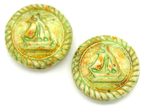 2pc 20mm Czech Pressed Glass Nautical Medallion Beads w/Sailboat, Alabaster/Picasso/Green Wash