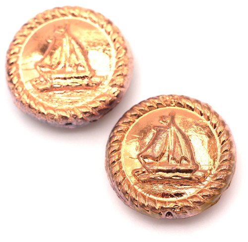 2pc 20mm Czech Pressed Glass Nautical Medallion Beads w/Sailboat, Crystal/Copper