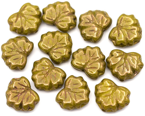 12pc 13x11mm Czech Pressed Glass Maple Leaf Beads, Opaque Olive/Bronze Luster