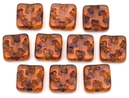 10pc 10mm Czech Table-Cut Glass Square Beads, Pink Opal/Picasso