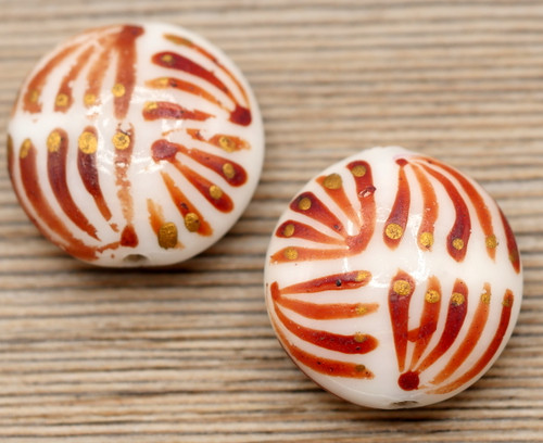 2pc 20mm Lampwork Glass Hand-Painted Puffed Coin Beads, White/Sienna