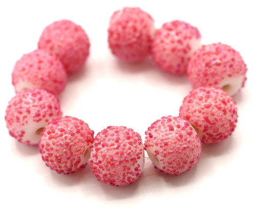 10pc Approx. 9mm Lampwork Glass Sugared Round Beads, White/Pink