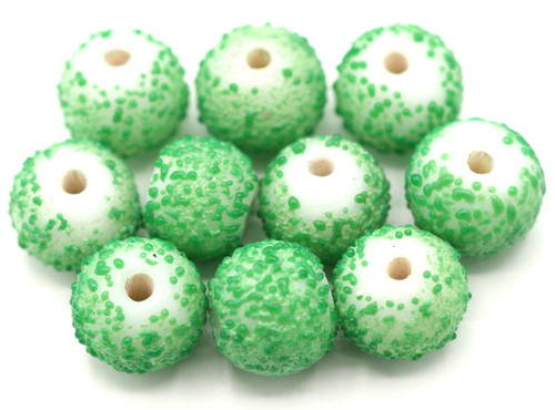 10pc Approx. 9mm Lampwork Glass Sugared Round Beads, White/Green