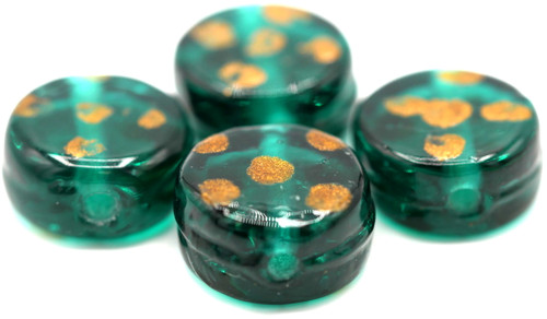 4pc Approx. 11.5mm Lampwork Glass Coin Beads, Teal/Gold Dots