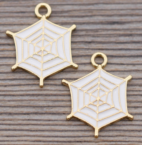 2pc 20x16.5mm Enameled Spiderweb Charms, White/Gold