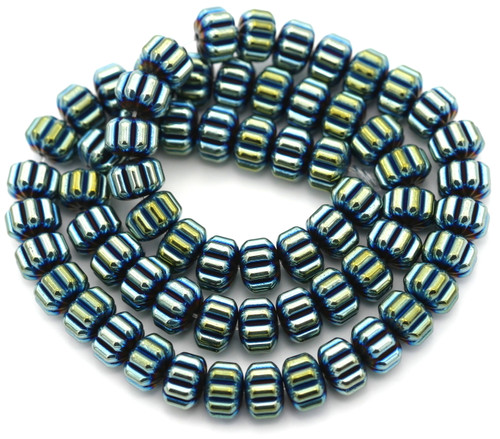 Approx. 15" Strand Synthetic Hematite Fluted Pumpkin Beads, Metallic Green Iris