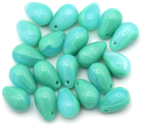 20pc 6x9mm Czech Pressed Glass Top-Drilled Teardrop Beads, Turquoise/Blue Opal Mix