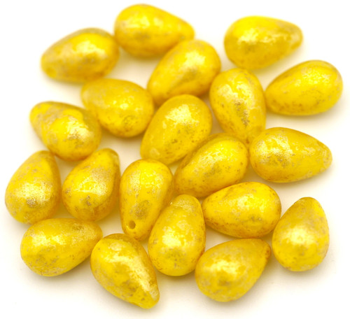 20pc 6x9mm Czech Pressed Glass Top-Drilled Teardrop Beads, Crystal/Yellow/Gold Shimmer