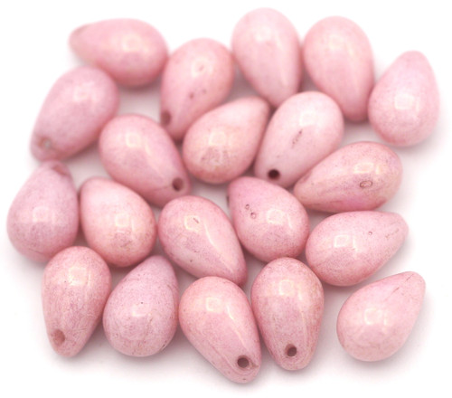 20pc 6x9mm Czech Pressed Glass Top-Drilled Teardrop Beads, Alabaster/Pink Luster