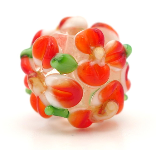 Approx. 12x14mm Lampwork Barrel Bead, Orange Floral