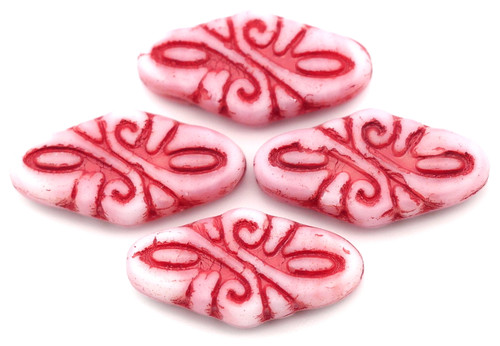 4pc 19x9mm Czech Pressed Glass Diamond Bead w/Arabesque Swirl, Alabaster/Pink Swirl/Red Wash