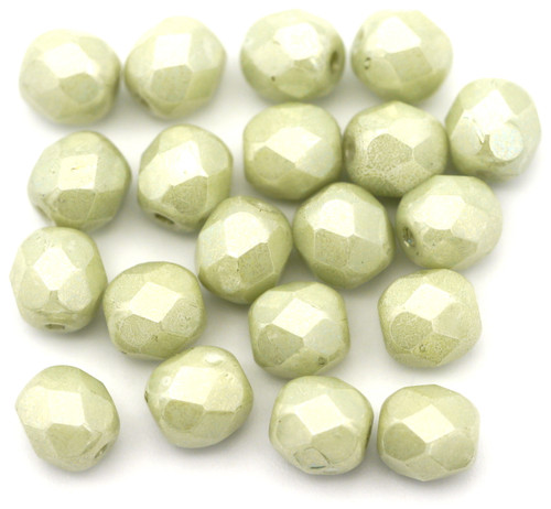 20pc 6mm Czech Fire-Polished Glass Faceted Round Beads, Alabaster/Sage Green Luster