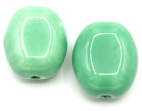 2pc Approx. 20mm Glazed Porcelain Handmade Flat Oval Beads, Aquamarine