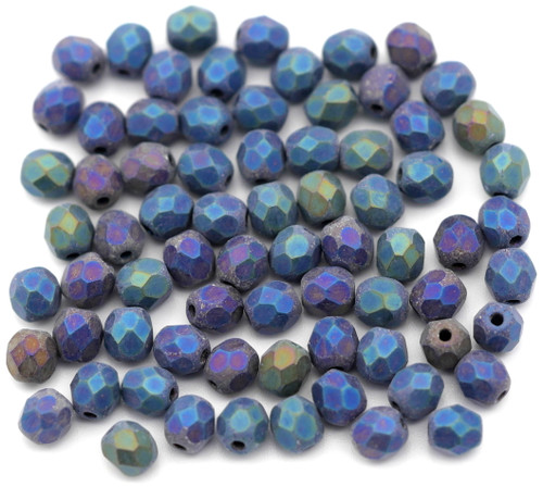 5-Gram Bag (Approx. 50+ Pcs) 4mm Czech Fire-Polished Faceted Round Beads, Matte Jet/Blue Iris 2X