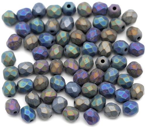 5-Gram Bag (Approx. 50+ Pcs) 4mm Czech Fire-Polished Faceted Round Beads, Matte Jet/Rainbow Iris 2X