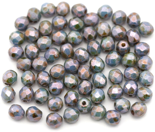 5-Gram Bag (Approx. 50+ Pcs) 4mm Czech Fire-Polished Faceted Round Beads, Alabaster/Lazure Blue