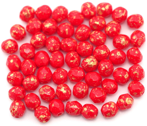 5-Gram Bag (Approx. 50+ Pcs) 4mm Czech Fire-Polished Faceted Round Beads, Opaque Red/Gold Splatter