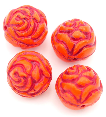 4pc 13mm Czech Pressed Glass Rosebud Beads, Opaque Coral Orange/Red Wash