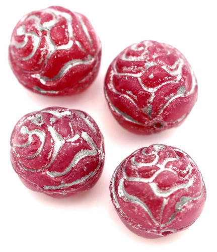 4pc 13mm Czech Pressed Glass Rosebud Beads, Pink Opal/Heavy Silver Wash