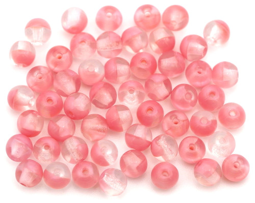 5-Gram Bag (Approx. 50+ Pcs) 4mm Czech Pressed Glass Druk Round Beads, Crystal Clear/Pink Swirl