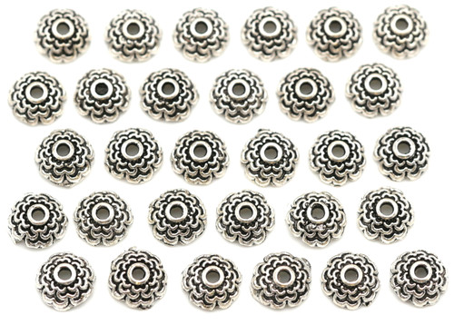 30pc 7mm Tiered Flower Bead Caps, Antique Silver