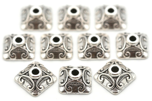 10pc 10mm Scrolled Square Bead Caps, Antique Silver