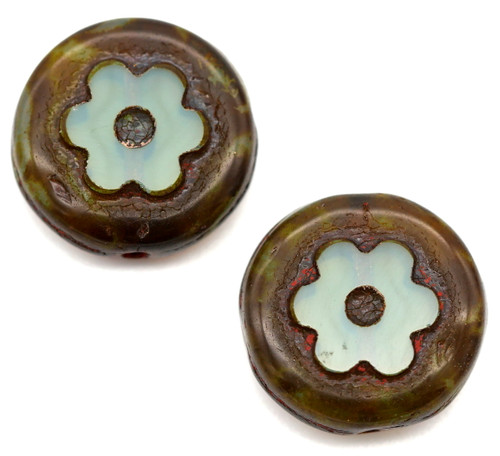 2pc 14mm Czech Table-Cut Glass Flower Coin Bead, Aqua Opal/Picasso