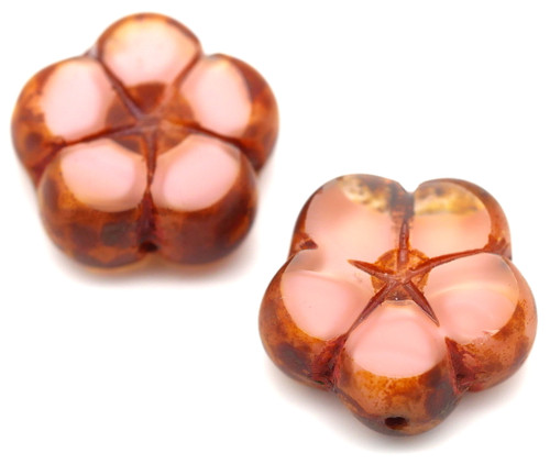 2pc 16mm Czech Table-Cut 5-Petal Flower Bead, Crystal Clear/Pink Silk Swirl/Picasso