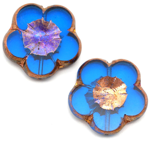 1pc 20mm Czech Table-Cut Glass Hibiscus Flower Bead,  Capri Blue/Sliperit