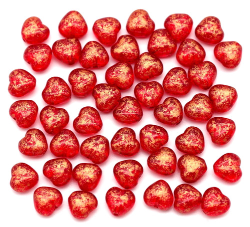 10-Gram Bag of 6mm Czech Pressed Glass Heart Beads, Ruby Red/Gold Speckle