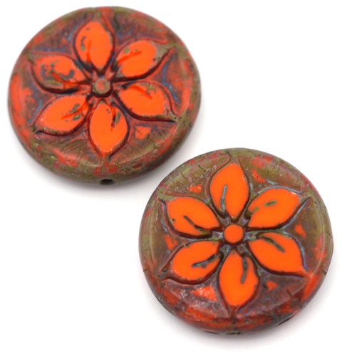 2pc 18mm Czech Table-Cut Glass Flower Coin Beads, Opaque Red-Orange/Picasso