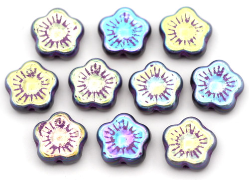 10pc 10mm Czech Pressed Glass Flower Beads, Crystal-Violet Swirl/AB/Purple Wash